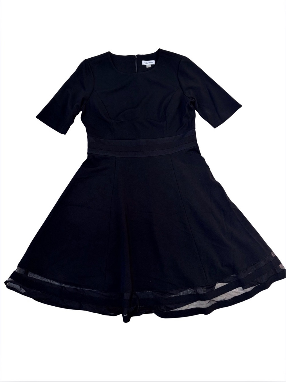 Calvin Klein Black Short-Sleeve Midi Dress with Sheer Hem - Picture 4 of 5